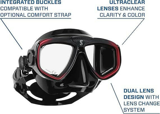 Scubapro Zoom Scuba Mask, Lens-Change System For Optical Lenses, Black/Red.