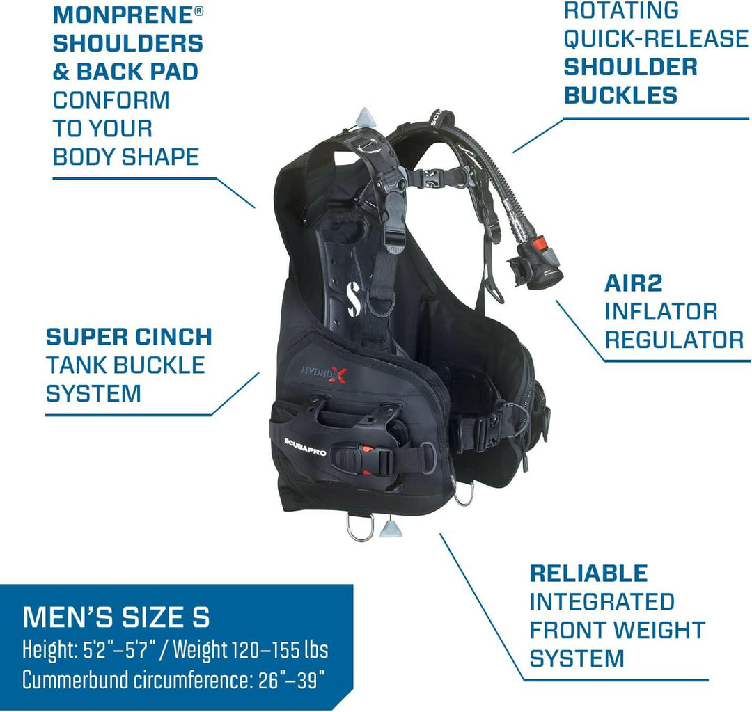 Scubapro Hydros X Mens  Bcd, Back Inflate with Air2 regulator inflator.