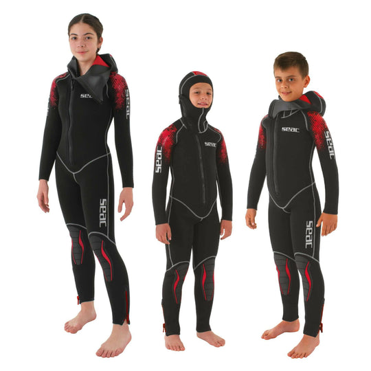 Seac First, One-Piece Wetsuit With Integrated Hood, For Children And Teenegers, 5 MM Neoprene Black/Red.
