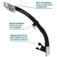 Scubapro Spectra Dry Snorkel With Purge Valve, Flexible Lower Corrugated Tube, Regulator-Style Mouthpiece And Quick-Connect Clip, Black/Silver.