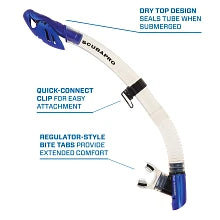 Scubapro Spectra Dry Snorkel With Purge Valve, Flexible Lower Corrugated Tube, Regulator-Style Mouthpiece And Quick-Connect Clip, Clear/Blue.