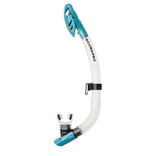 Scubapro Spectra Dry Snorkel With Purge Valve, Flexible Lower Corrugated Tube, Regulator-Style Mouthpiece And Quick-Connect Clip, Clear/Turquoise.
