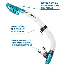 Scubapro Spectra Dry Snorkel With Purge Valve, Flexible Lower Corrugated Tube, Regulator-Style Mouthpiece And Quick-Connect Clip, Clear/Turquoise.