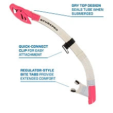 Scubapro Spectra Dry Snorkel With Purge Valve, Flexible Lower Corrugated Tube, Regulator-Style Mouthpiece And Quick-Connect Clip, Clear/Pink.